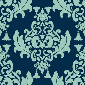 Delicious Damask- Spoonflower Green on Navy Blue