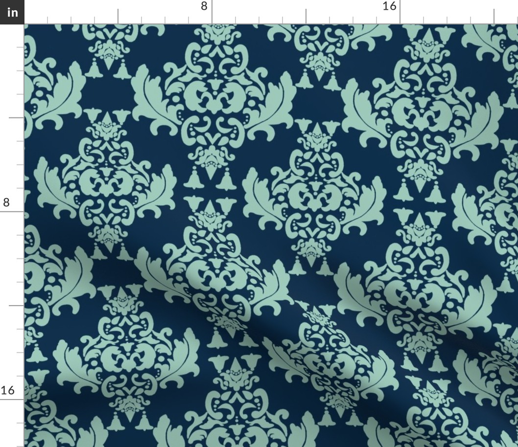 Delicious Damask- Spoonflower Green on Navy Blue