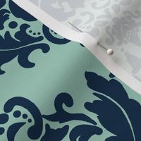 Delicious Damask-  Navy Blue on Spoonflower Green