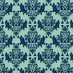 Delicious Damask-  Navy Blue on Spoonflower Green