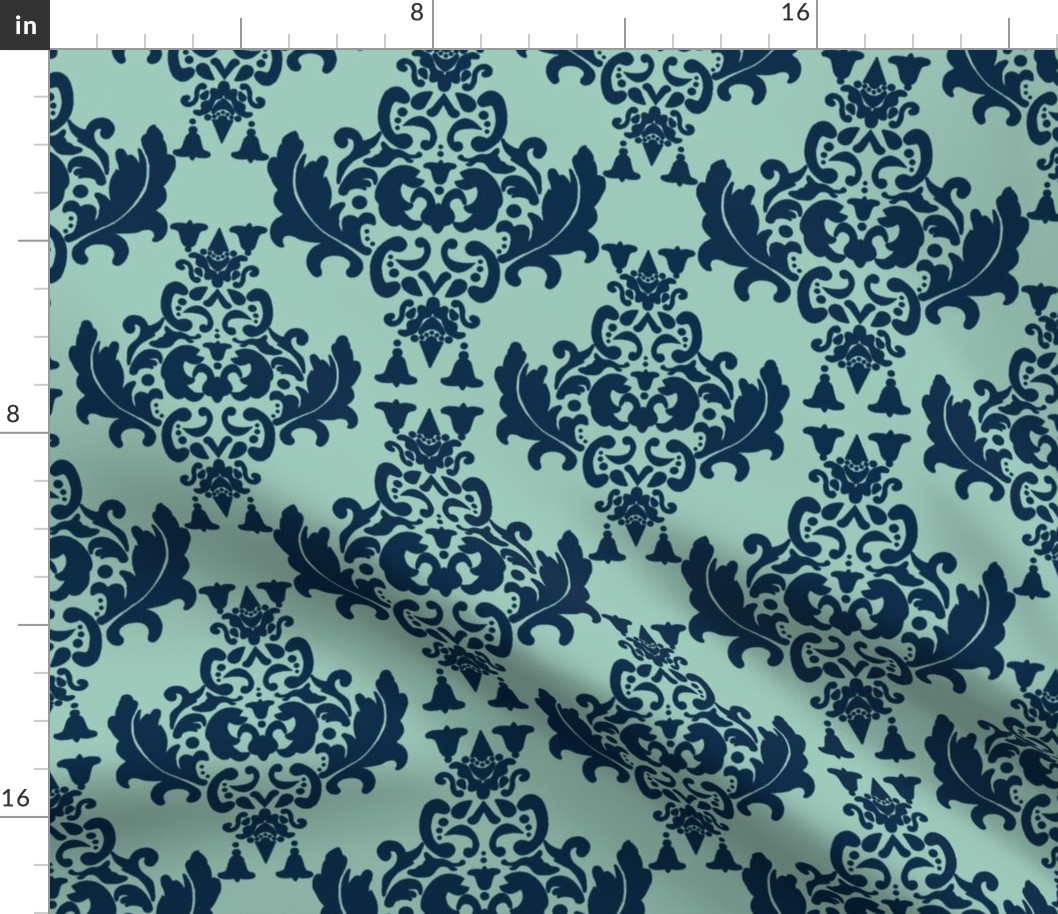 Delicious Damask-  Navy Blue on Spoonflower Green
