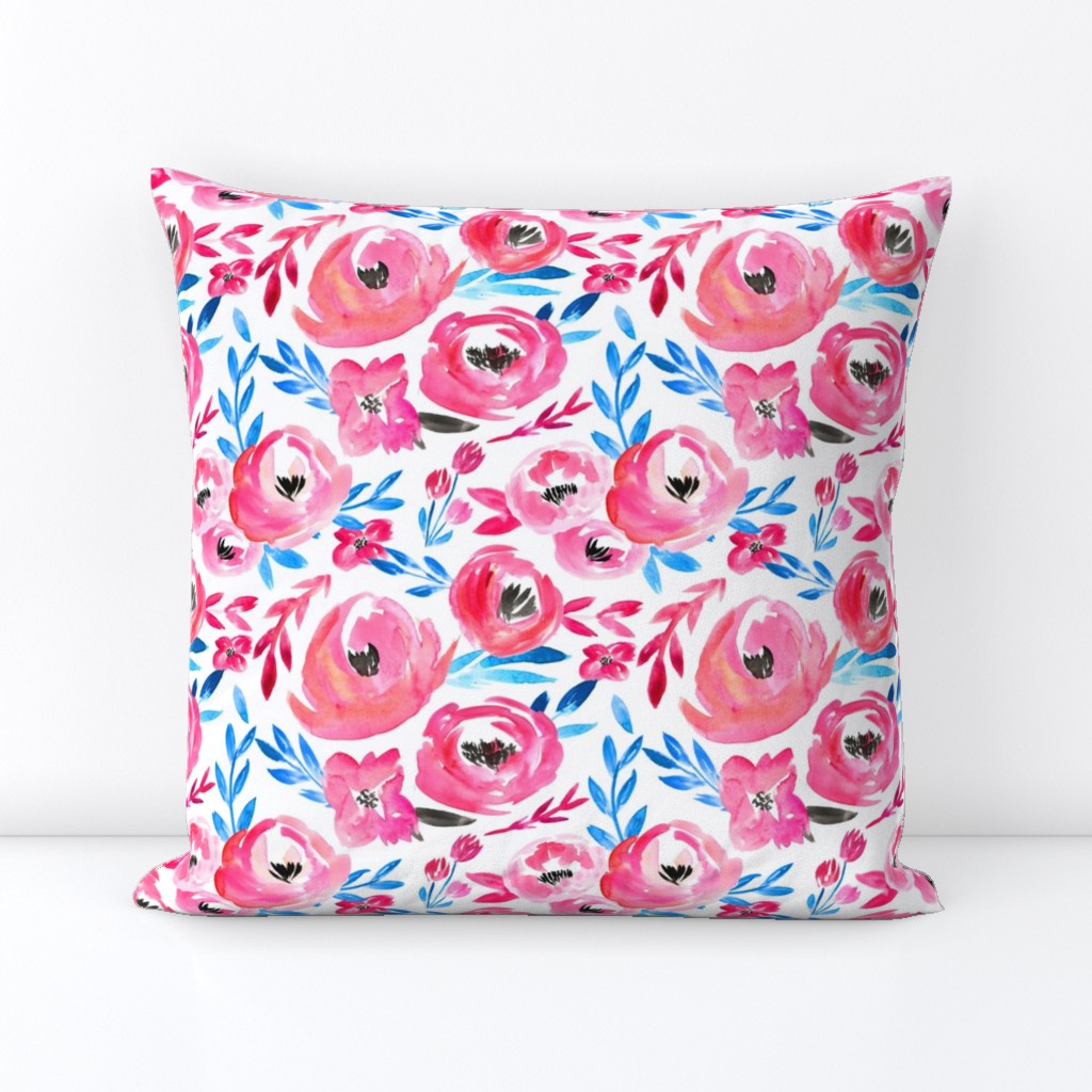 Vivid Pink Blue Modern Watercolor Floral 