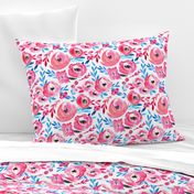 Vivid Pink Blue Modern Watercolor Floral 