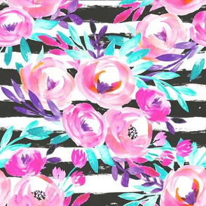 Bright Pink Watercolor Florals Black and White Bold Stripes