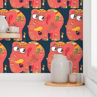 colorful Indian elephant and mouse, large scale, teal green pink orange yellow