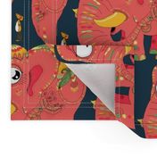 colorful Indian elephant and mouse, large scale, teal green pink orange yellow