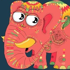 colorful Indian elephant and mouse, large scale, teal green pink orange yellow