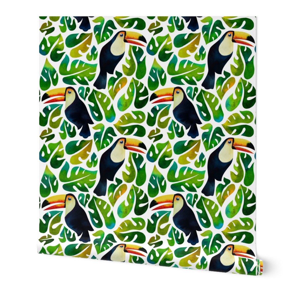 watercolor toucans with monstera leaves - small