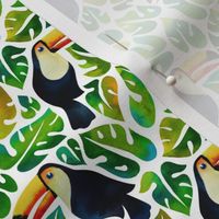 watercolor toucans with monstera leaves - small