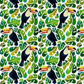 watercolor toucans with monstera leaves - small