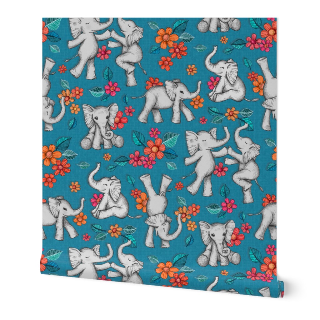 Playful Baby Elephants - blue, large version