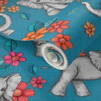 Playful Baby Elephants - blue, large version