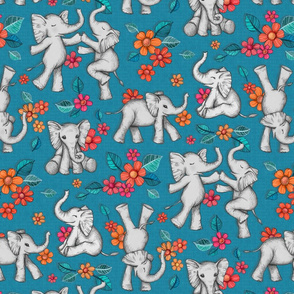 Playful Baby Elephants - blue, large version
