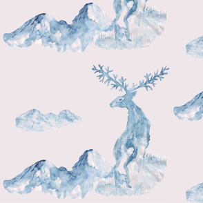 The deer in the mountains, painted in Chinese style with ink and brush. Blue watercolor on a pastel pink background.