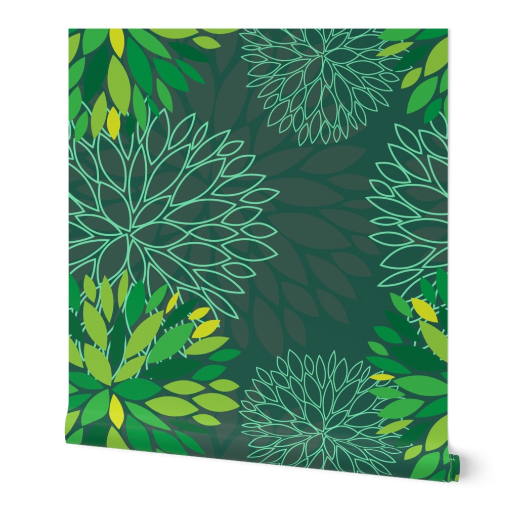 Green Spring Flowers Pattern - Abstract Peonies On Teal Blue Background
