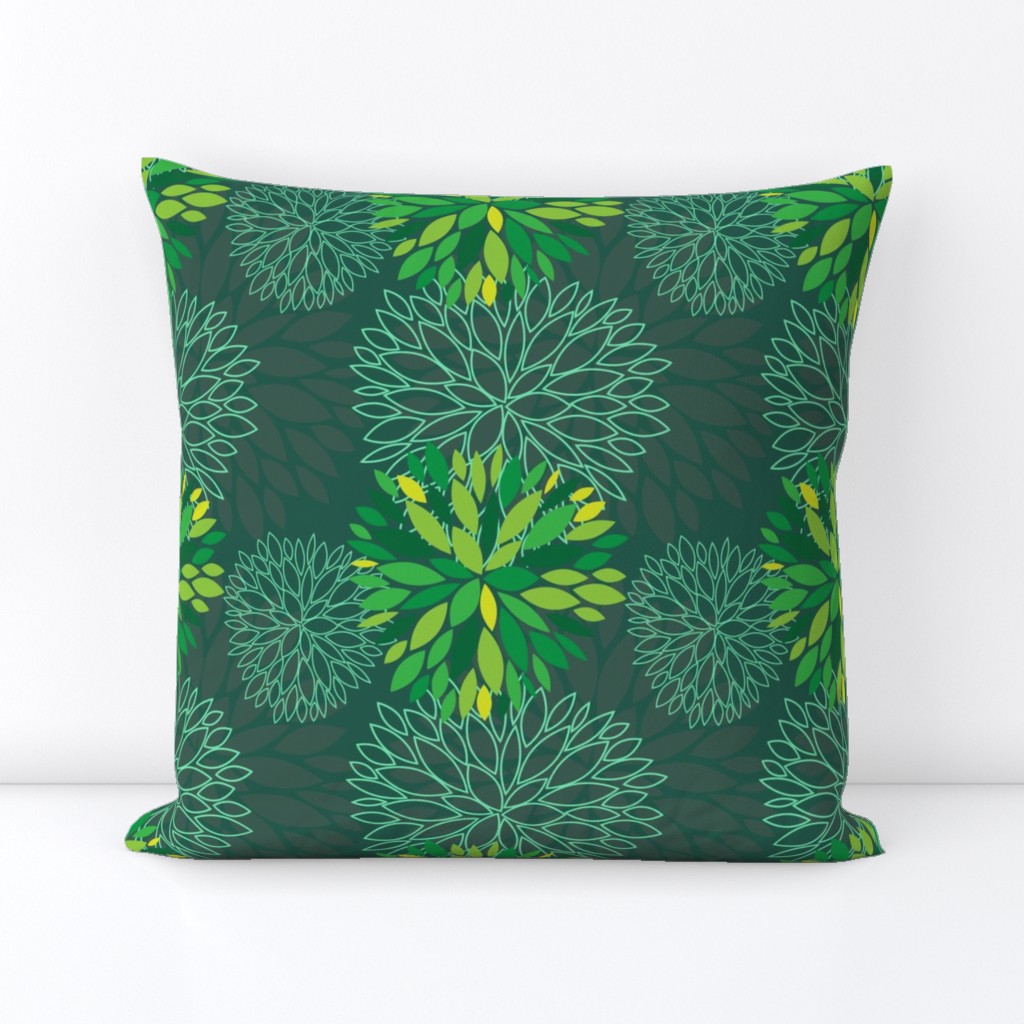 Green Spring Flowers Pattern - Abstract Peonies On Teal Blue Background