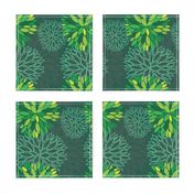 Green Spring Flowers Pattern - Abstract Peonies On Teal Blue Background