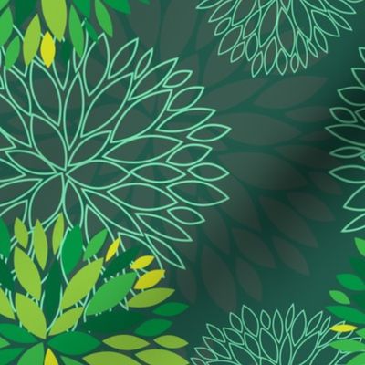 Green Spring Flowers Pattern - Abstract Peonies On Teal Blue Background