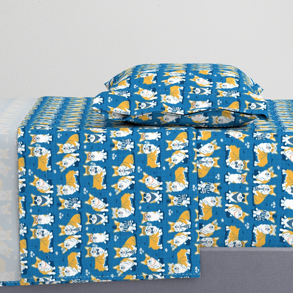 Charming corgis // small scale // blue background yellow dogs