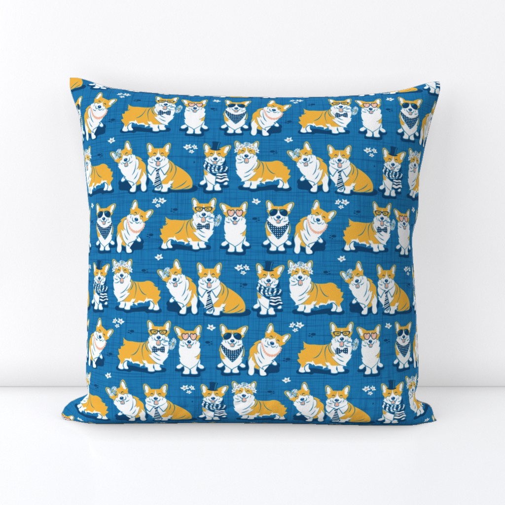 Charming corgis // small scale // blue background yellow dogs