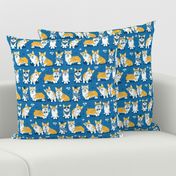 Charming corgis // small scale // blue background yellow dogs