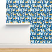 Charming corgis // small scale // blue background yellow dogs
