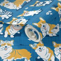 Charming corgis // small scale // blue background yellow dogs