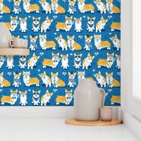 Charming corgis // small scale // blue background yellow dogs