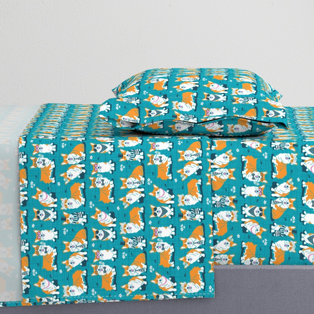 Charming corgis // small scale // teal background