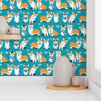 Charming corgis // small scale // teal background