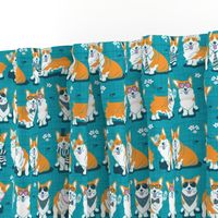 Charming corgis // small scale // teal background