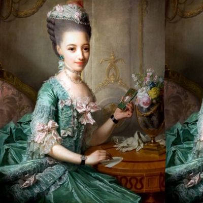 Marie Antoinette inspired green gown lace ballgowns pink white bows  floral flowers vases baroque rococo Victorian  portraits historical hair pouf 18th century Bouffant diamond necklace choker neoclassical beautiful woman lady beauty elegant gothic lolita