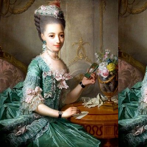 Marie Antoinette inspired green gown lace ballgowns pink white bows  floral flowers vases baroque rococo Victorian  portraits historical hair pouf 18th century Bouffant diamond necklace choker neoclassical beautiful woman lady beauty elegant gothic lolita