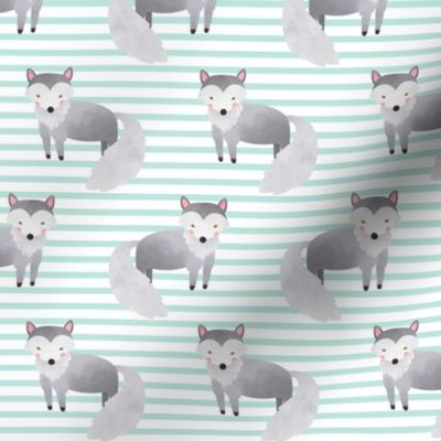 Wolf,  Crystal Mint Stripe – Woodland Animals Baby Design, Ginger Lous