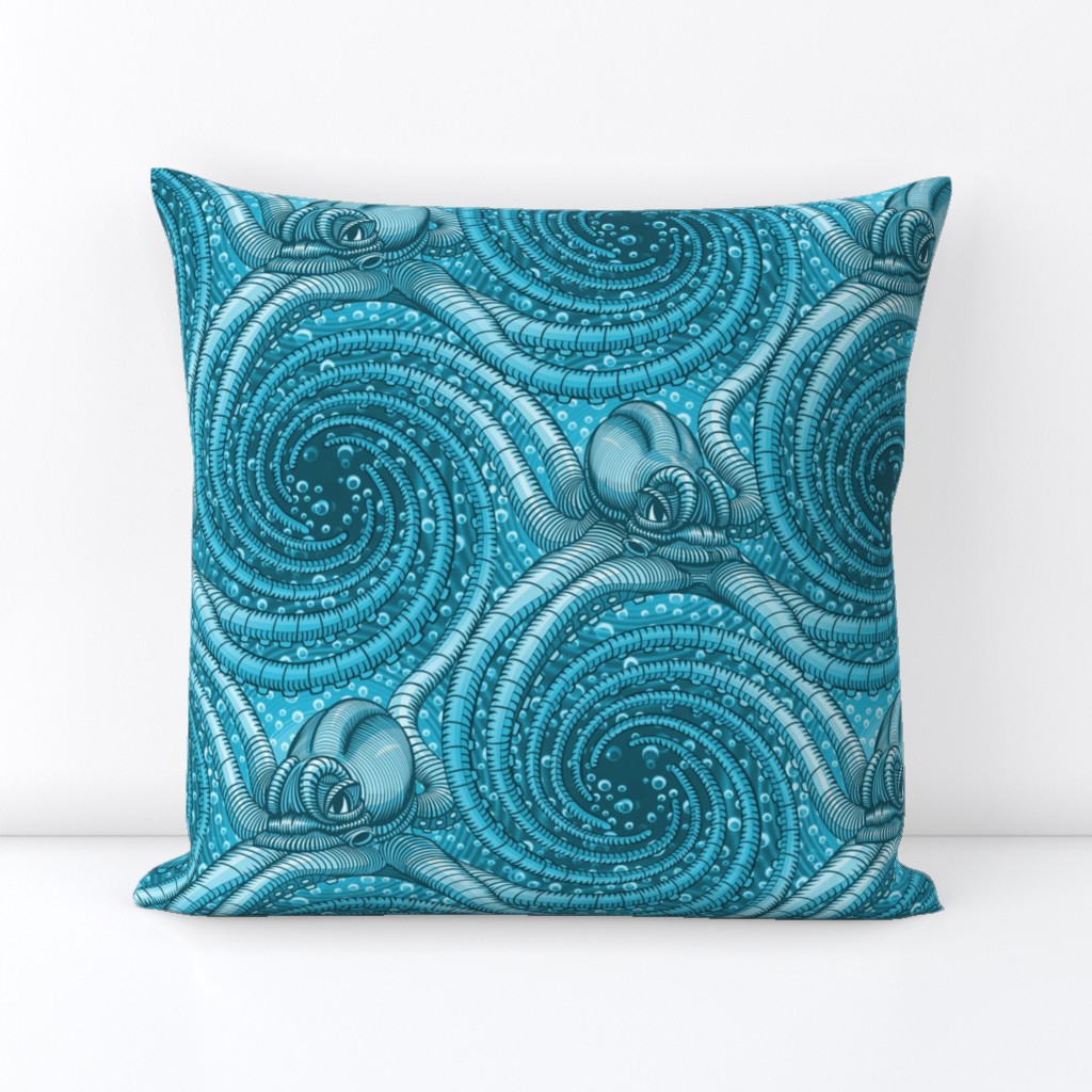 ★ KRAKEN ' ROLL ★ Monochrome Teal Blue - Large Scale / Collection : Kraken ' Roll – Steampunk Octopus Print