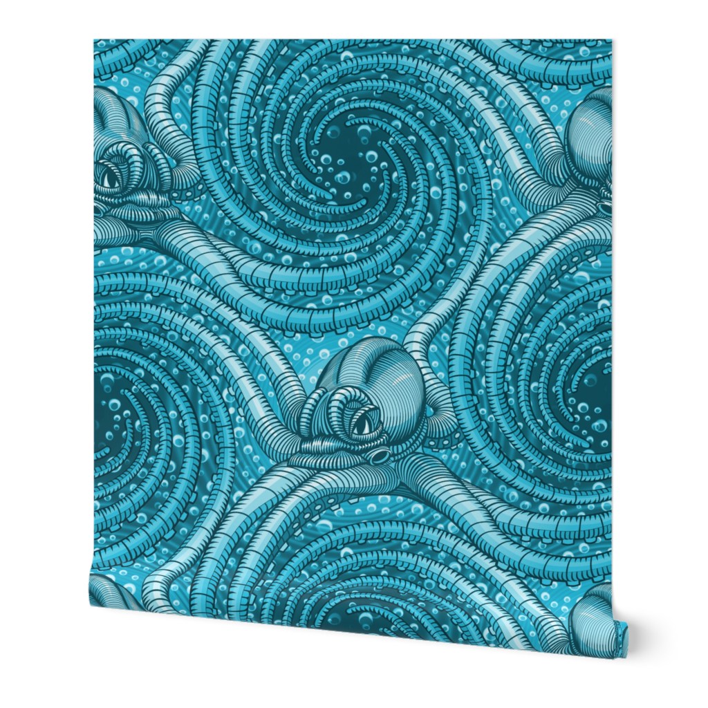 ★ KRAKEN ' ROLL ★ Monochrome Teal Blue - Large Scale / Collection : Kraken ' Roll – Steampunk Octopus Print