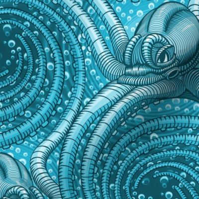 ★ KRAKEN ' ROLL ★ Monochrome Teal Blue - Large Scale / Collection : Kraken ' Roll – Steampunk Octopus Print