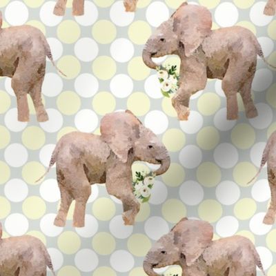 Baby Elephants with Flowers on Polka Dots