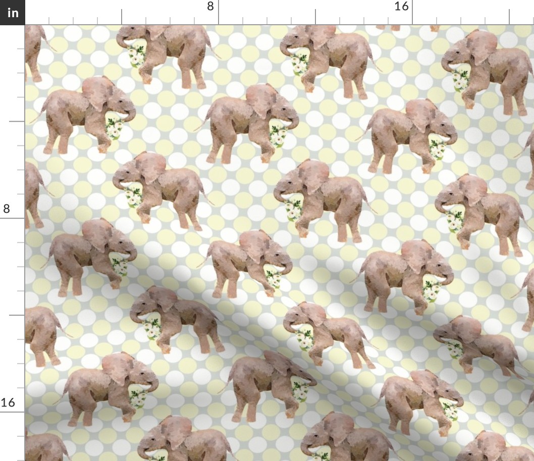 Baby Elephants with Flowers on Polka Dots