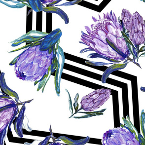 Painted Proteas and Geo Stripes - Purple and Black
