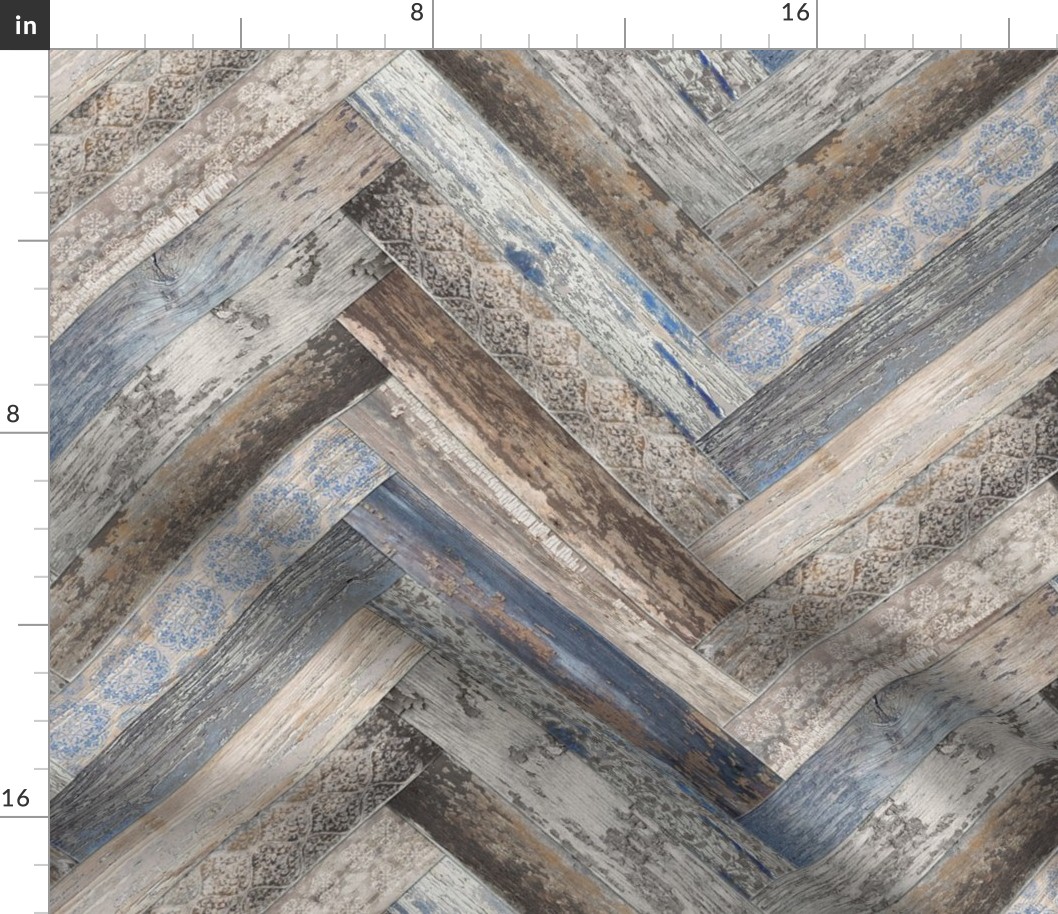 Vintage Wood Chevron Tiles Herringbone Capri Blue