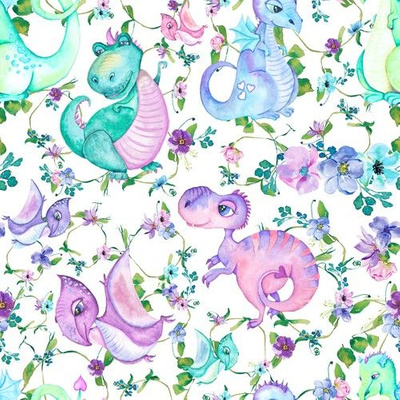 Dinosaurs Roses Dark Blue Purple Watercolor Floral Dinos Triceratops Girly Bright Pink Cute Animal by Spoonflower