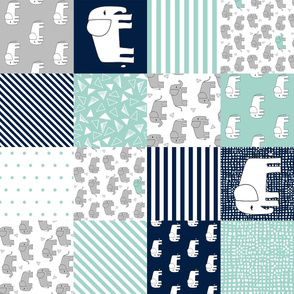 elephants cheater quilt (6 inches) // navy and mint squares fabric nursery baby design cheater quilts