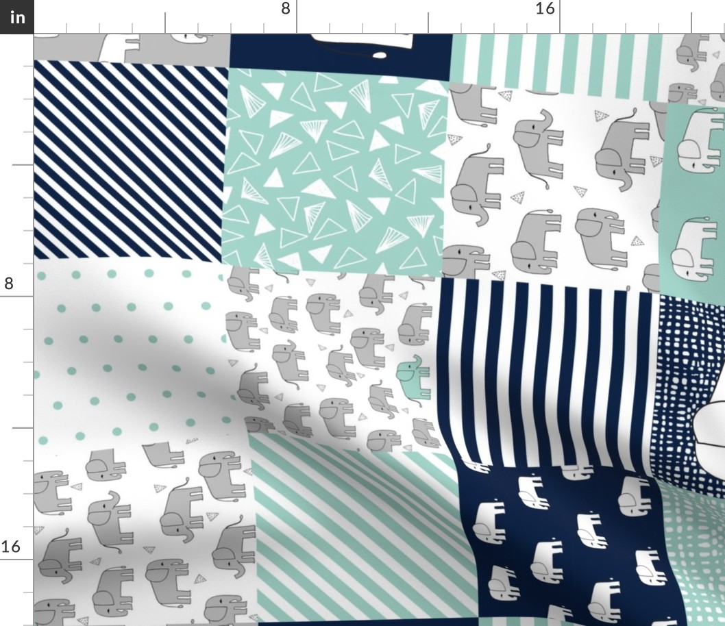 elephants cheater quilt (6 inches) // navy and mint squares fabric nursery baby design cheater quilts