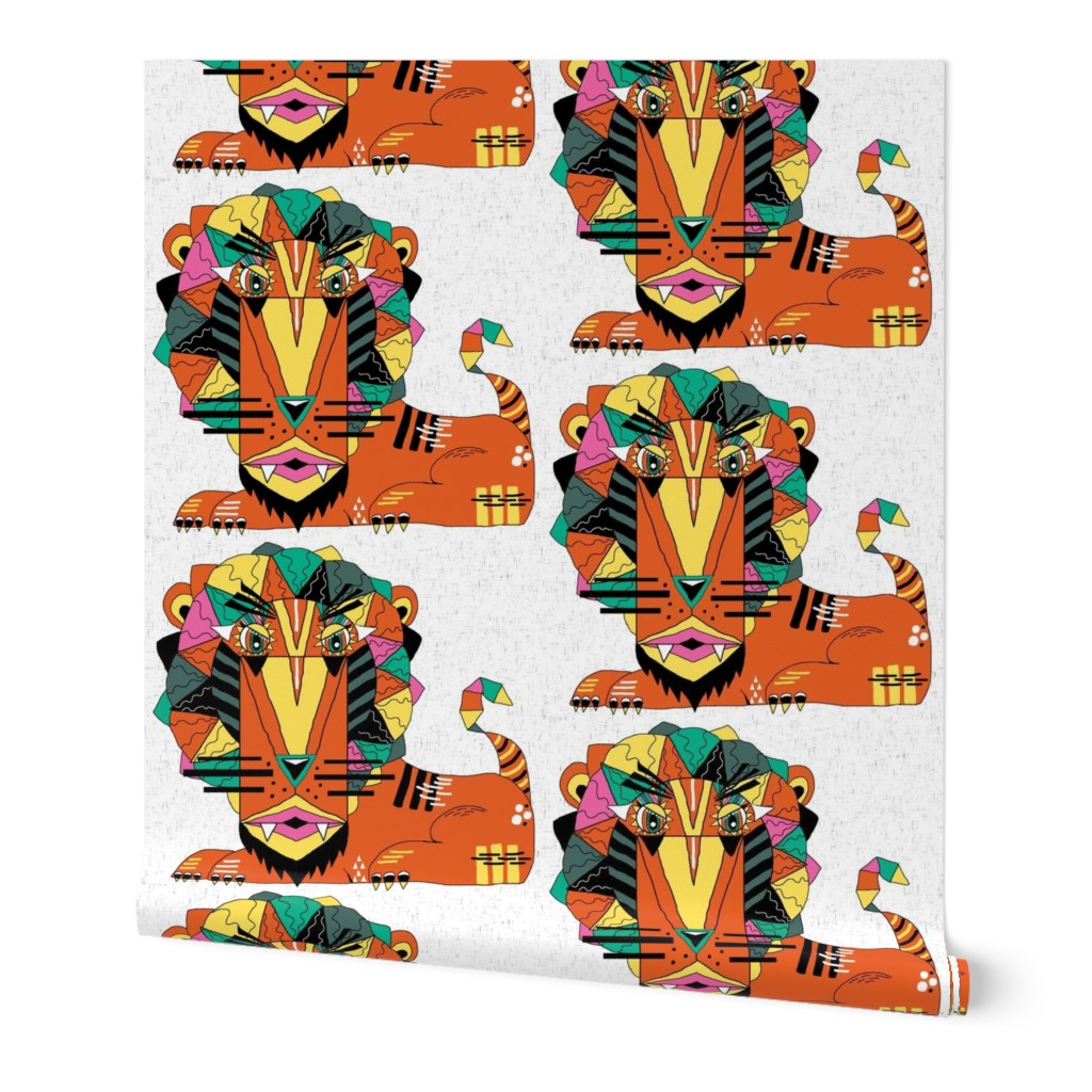 bauhaus style lion, large scale, white orange yellow green pink