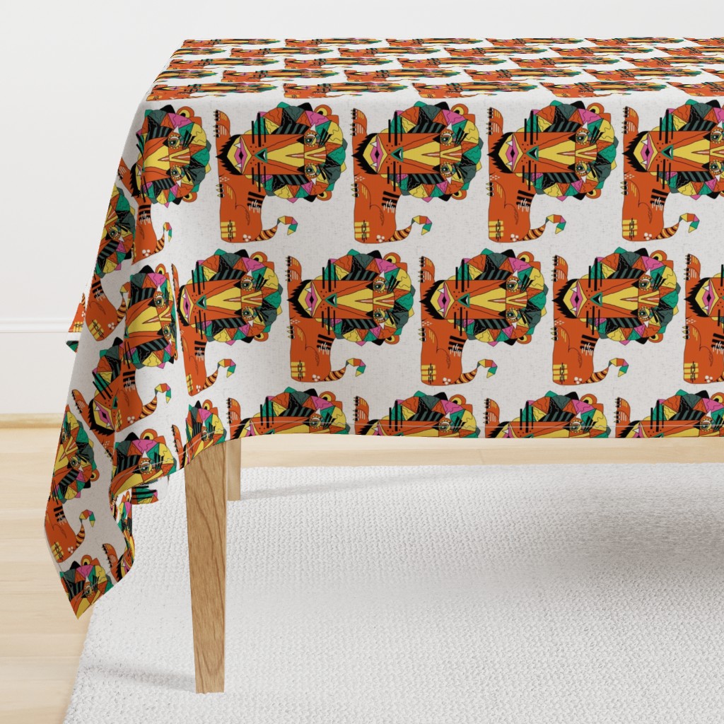 bauhaus style lion, large scale, white orange yellow green pink