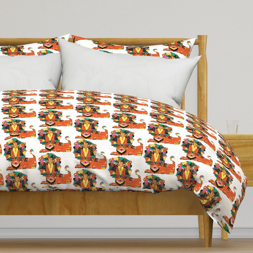 bauhaus style lion, large scale, white orange yellow green pink