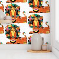 bauhaus style lion, large scale, white orange yellow green pink