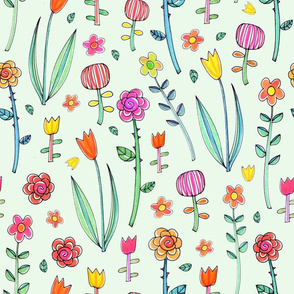 Retro flower doodles - on pale green. 