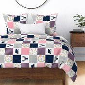 Girls Patchwork Quilt Top ROTATED - Wholecloth Cheater Quilt Bear & Deer, Navy Pink and Grey